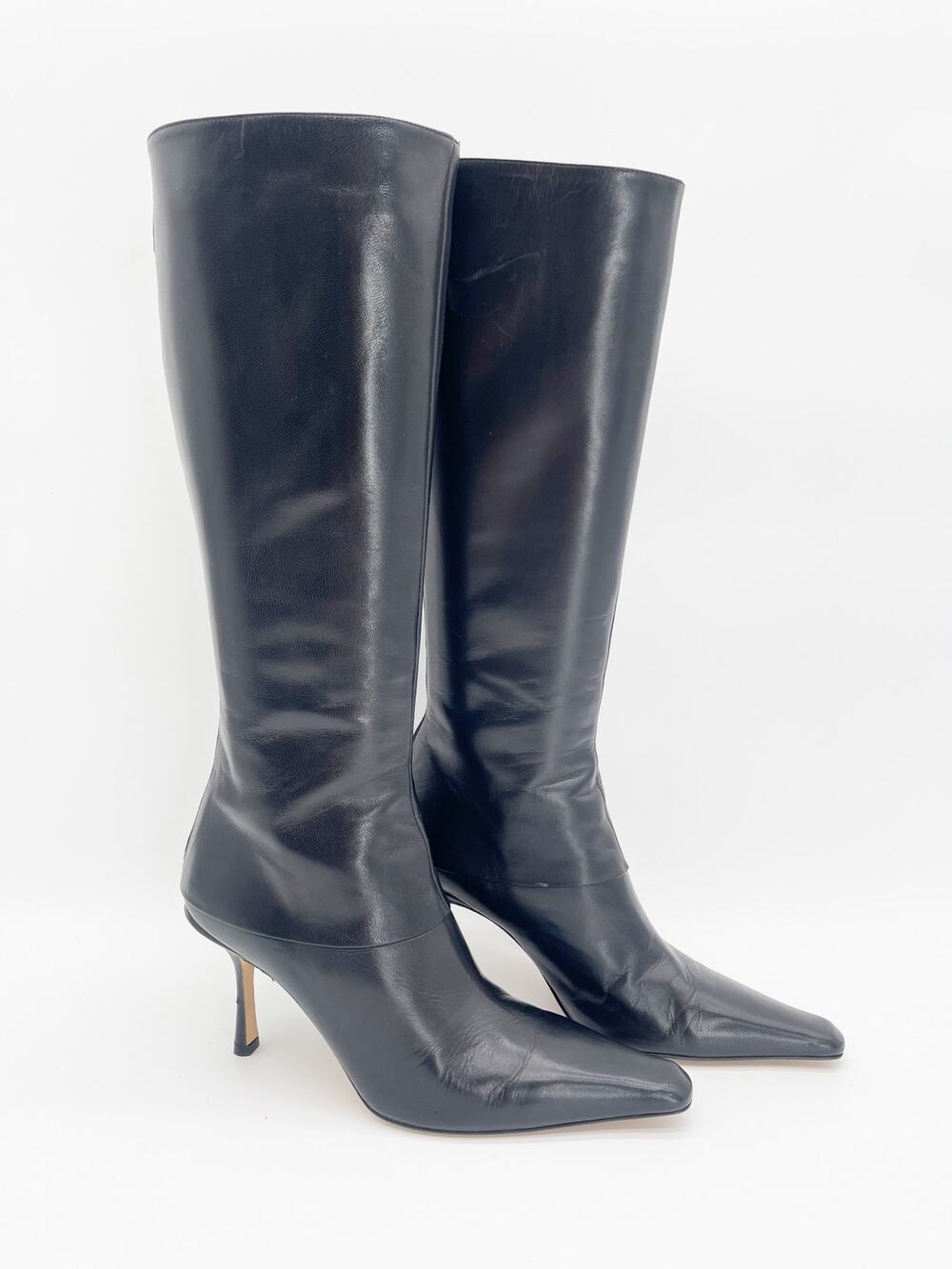 Jimmy Choo Vintage Black Leather Square Toe Knee High Stiletto Boots IT 38.5